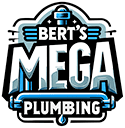 Logo for Bert's Mega Plumbing, featuring bold text with pipe and water imagery.